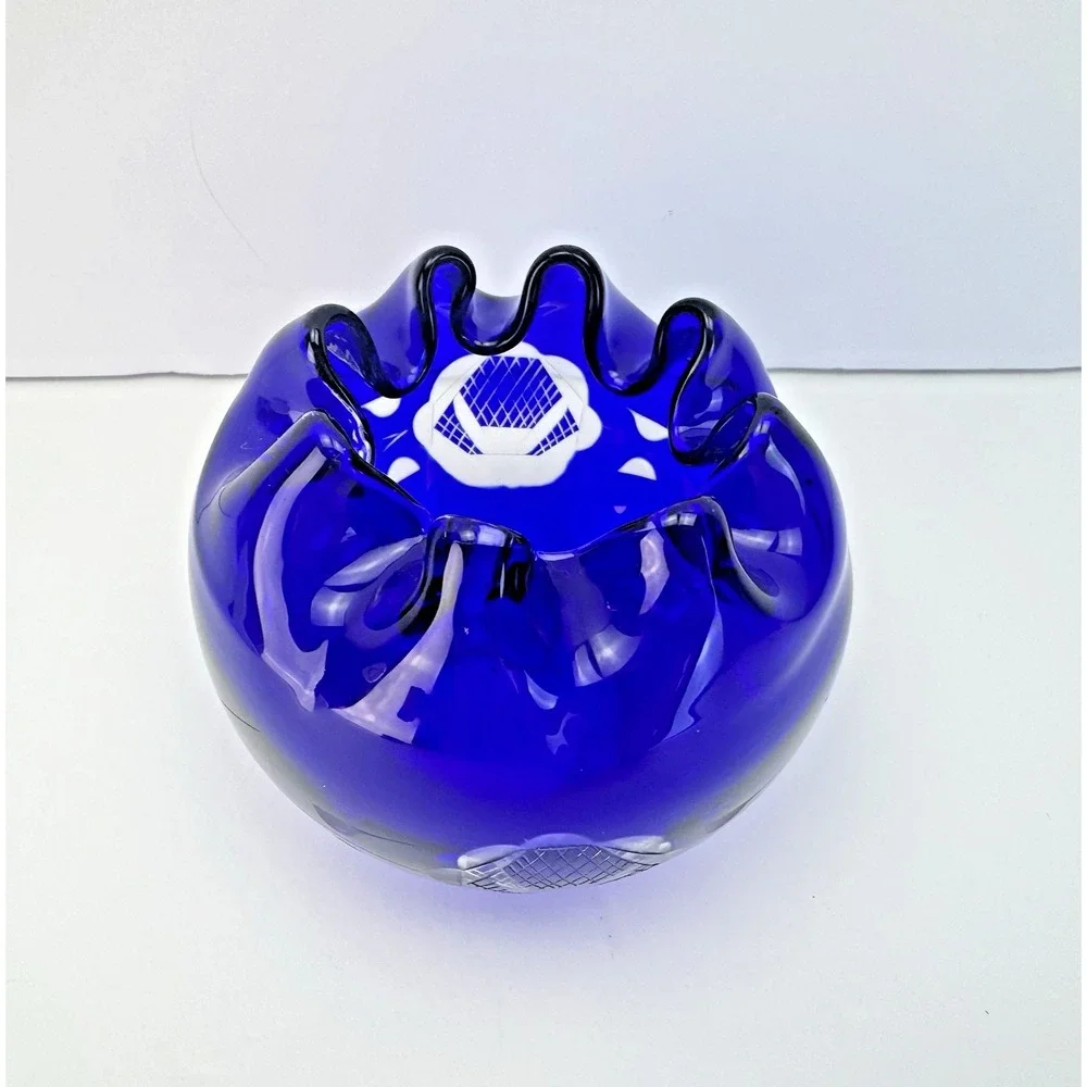 Cobalt Blue Rose‎ Bowl Dish Cut to Clear Crystal Ruffle Pinched Vase